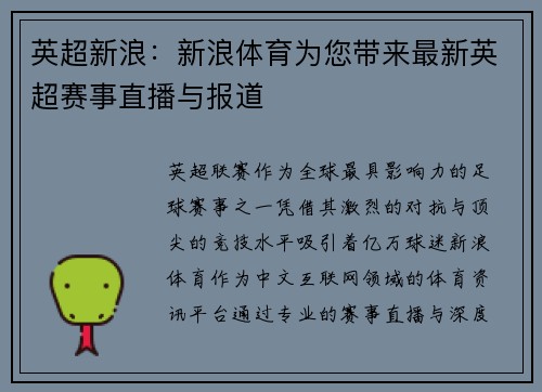 英超新浪：新浪体育为您带来最新英超赛事直播与报道
